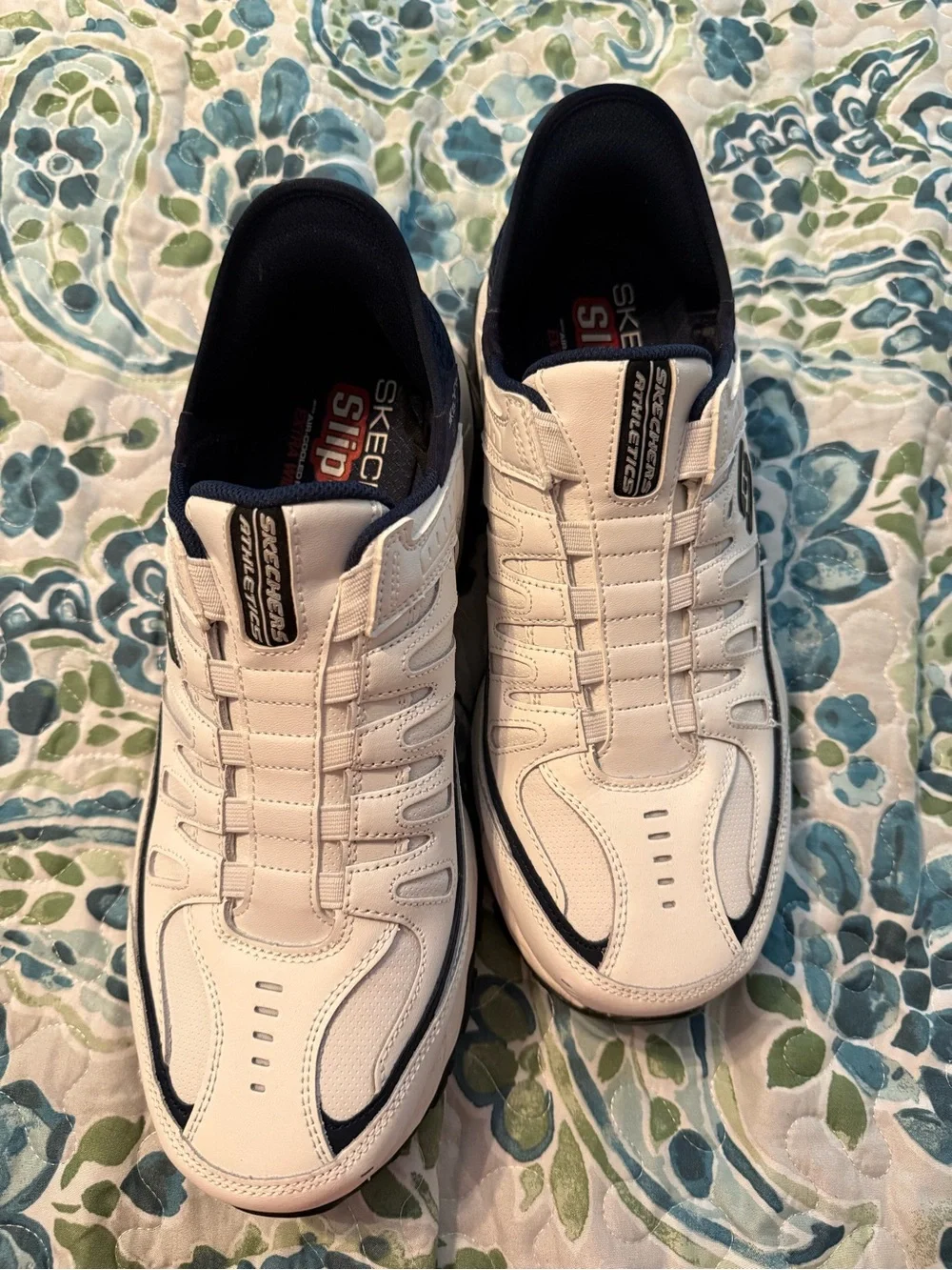 Skechers Men's White and Navy Slip-On Athletic Sneakers
